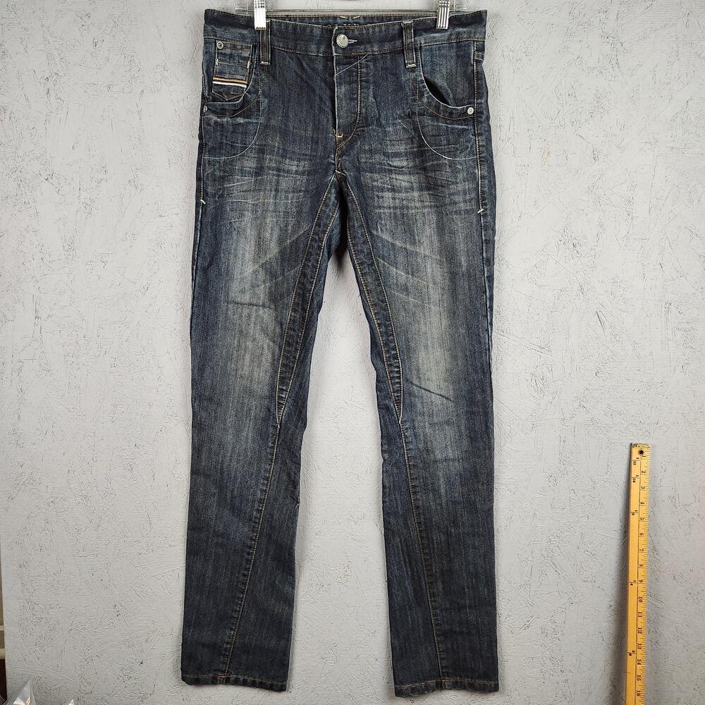Club X Jeans Mens 38x32 Blue Straight Leg Button Fly Faded Distressed Dark Wash
